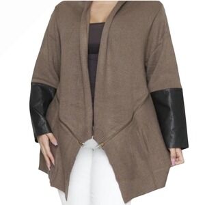 Yaira Womens Cardigan Sweater Open Front Knit Faux Leather Sleeve Detail‎
